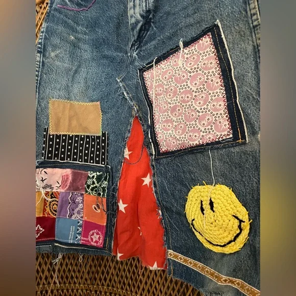 Vintage Wrangler Patchwork Jean skirt with Multicolor Accents - Picture 2 of 6